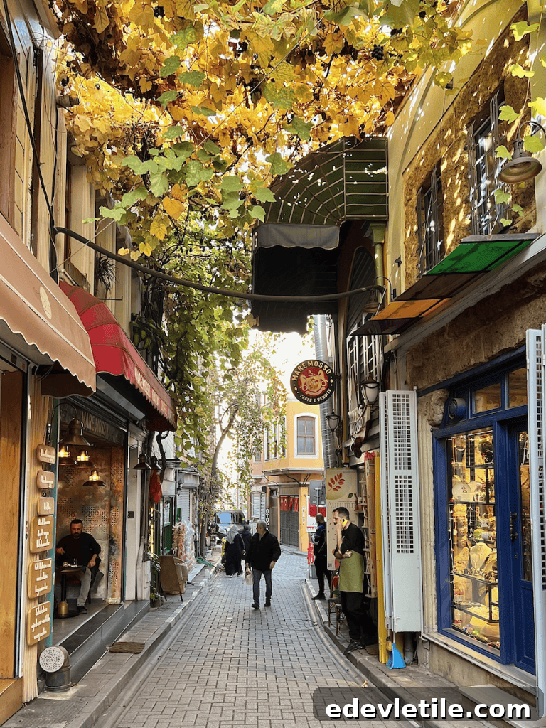 Warm, golden leaves hanging overhead along a narrow alleyway in Balat, with cozy shops, small cafes, and pedestrians walking through the sun-dappled street.
