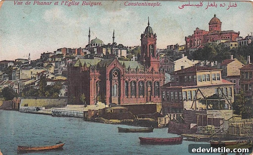 Old tinted postcard depicting the waterfront near historic Istanbul, showing wooden boats, hillside houses, and Ottoman‑era buildings by the sea.