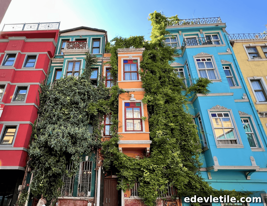 Balat facades in vibrant colors — red, green, orange, and blue — with lush ivy climbing up the walls of the historic neighborhood buildings.