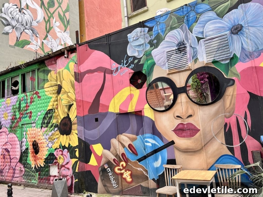 Large colorful mural featuring flowers and a stylized woman with sunglasses on a Balat cafe wall, with small cafe tables in front.