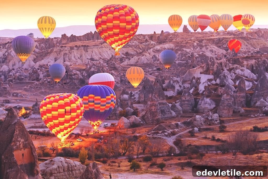 Close-up view of hot air balloons preparing for takeoff at sunrise in Cappadocia, with their colorful patterns glowing against the dramatic landscape of fairy chimneys.