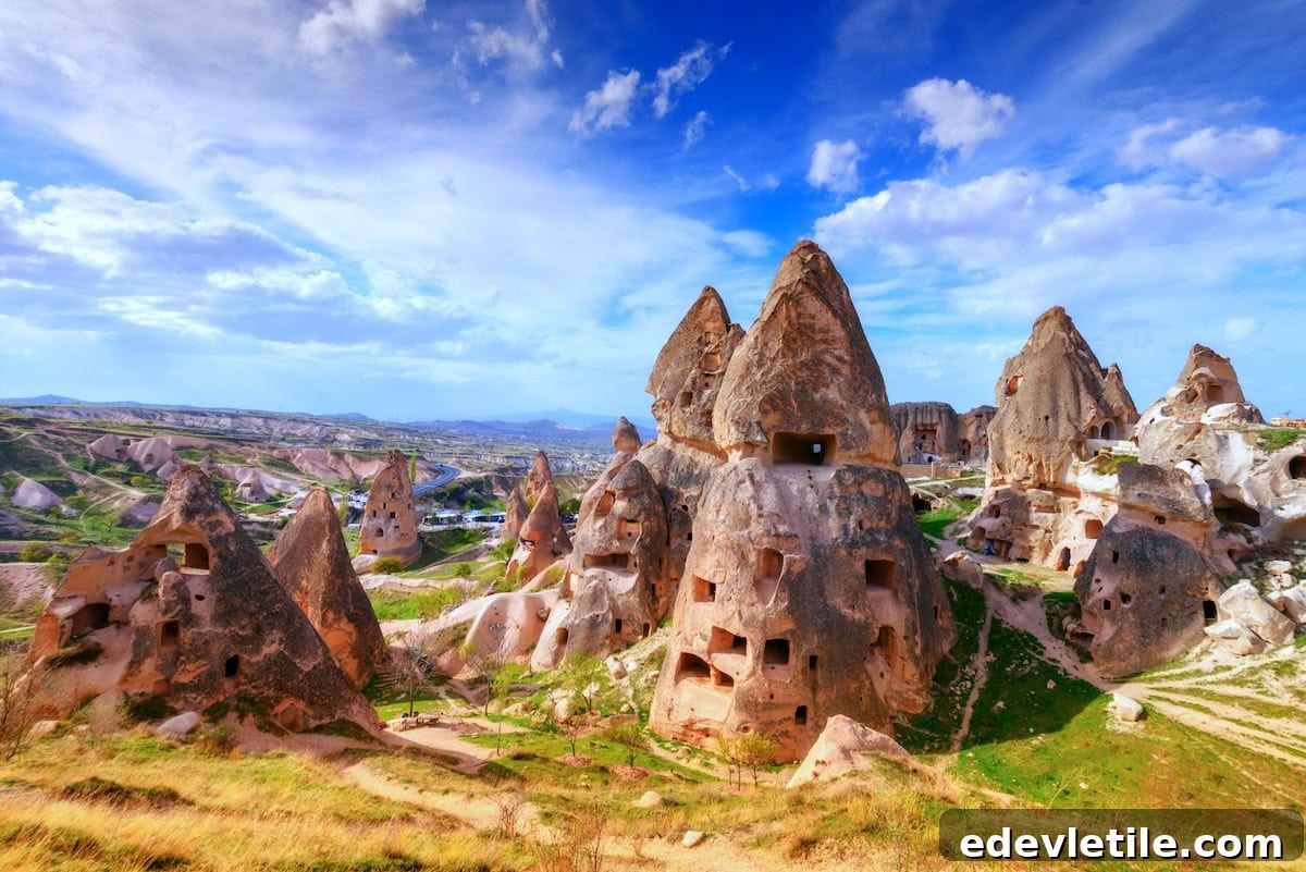 Iconic rock formations known as fairy chimneys in Cappadocia, with ancient cave dwellings carved into the soft stone under a vibrant blue sky.