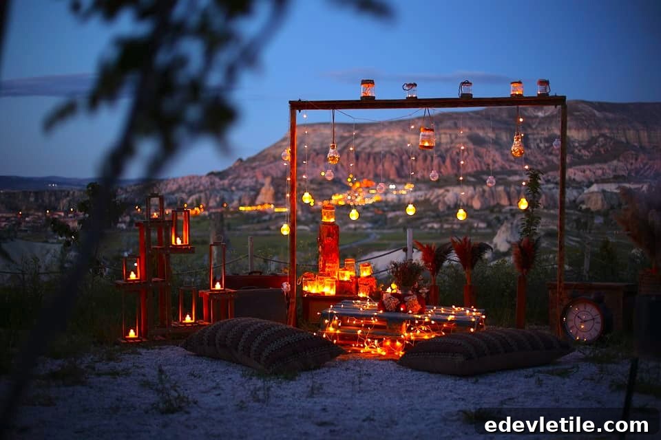 Cozy outdoor setup with glowing candles, pillows, and fairy lights arranged on a platform overlooking the valleys of Cappadocia at dusk.