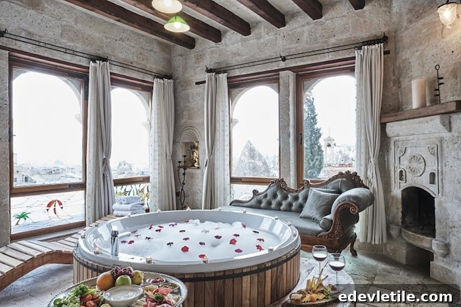 Elegant stone-walled hotel suite with a round jacuzzi tub filled with rose petals, cozy seating, and arched windows looking out onto Cappadocia.