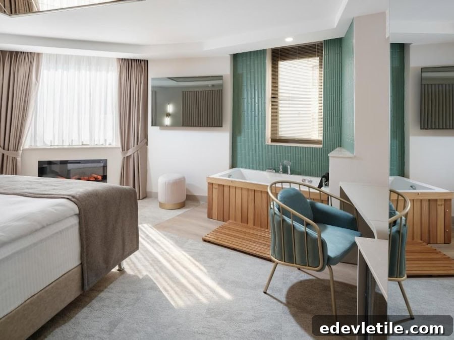 Hotel room with in-room jacuzzi in Izmir.
Bright and contemporary hotel room featuring a bed, a cozy fireplace, and a built-in jacuzzi tub beside a green tiled accent wall.