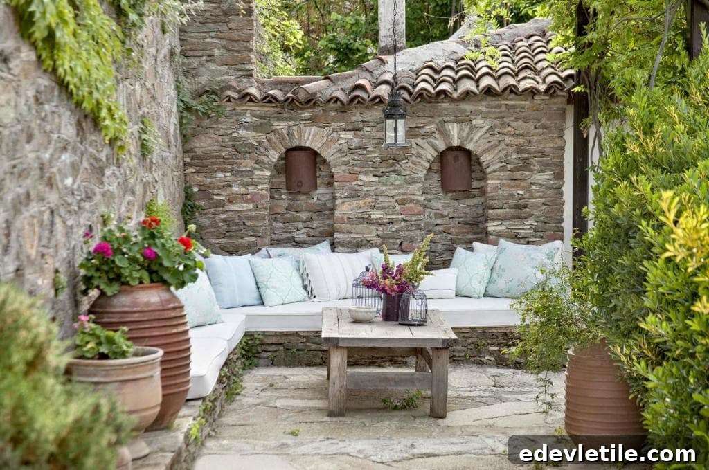Tranquil outdoor stone courtyard with a cushioned bench, rustic wooden table, and lush greenery surrounding traditional Turkish architecture.