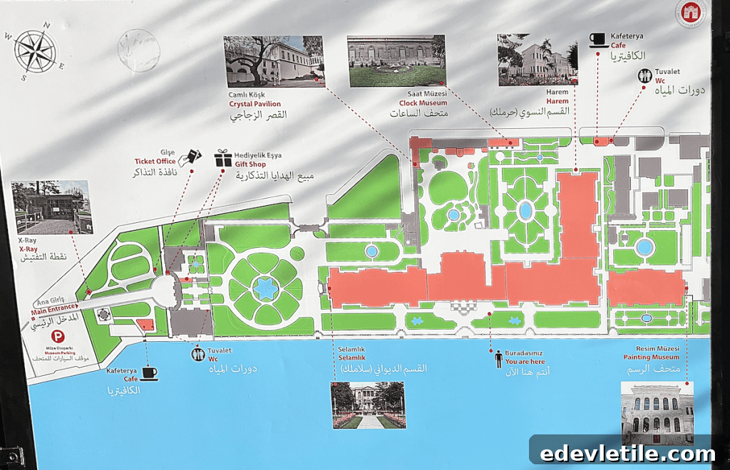 Illustrated map showing the layout of Dolmabahçe Palace grounds, including key buildings like the Harem and Clock Museum, labeled in Turkish, English, and Arabic.