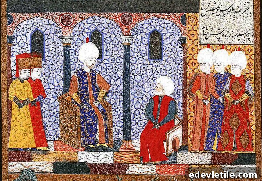 Colorful Ottoman miniature painting depicting a Sultan seated on a throne, with advisors and courtiers in ornate robes.