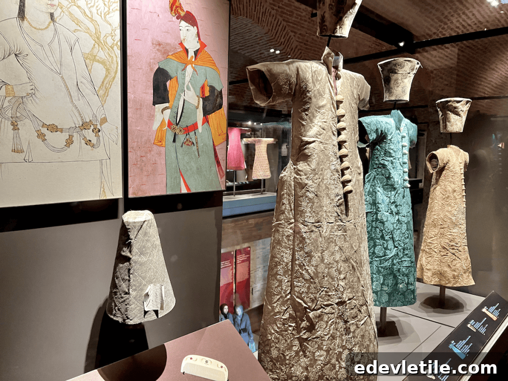 Museum display of traditional Ottoman clothing, including intricately embroidered robes and headdresses, with illustrations in the background at Topkapi Palace