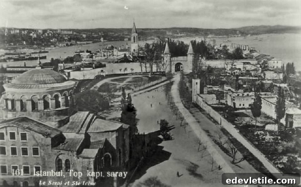Black-and-white historic image showing Topkapi Palace grounds and the Hagia Irene church, offering a glimpse into Ottoman-era Istanbul.