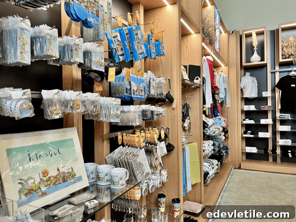 Well-lit souvenir shop stocked with Istanbul-themed items including mugs, magnets, apparel, and artwork.