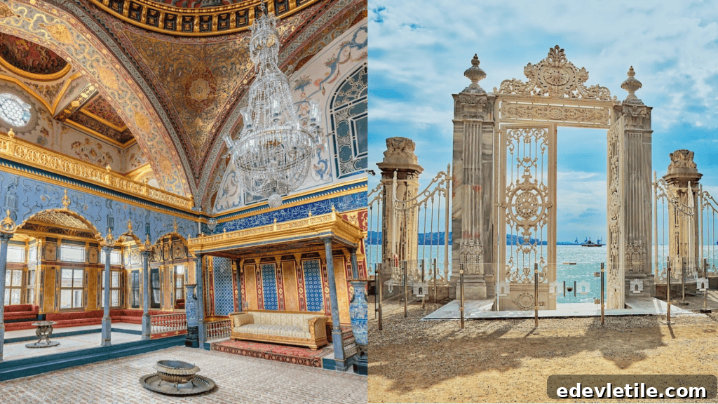 Side-by-side comparison of Topkapi Palace versus Dolmabahce Palace. The left side shows an opulent chamber inside Topkapi Palace with intricate Ottoman decor, and the right side is ornate seaside gate of Dolmabahçe Palace opening to the Bosphorus.