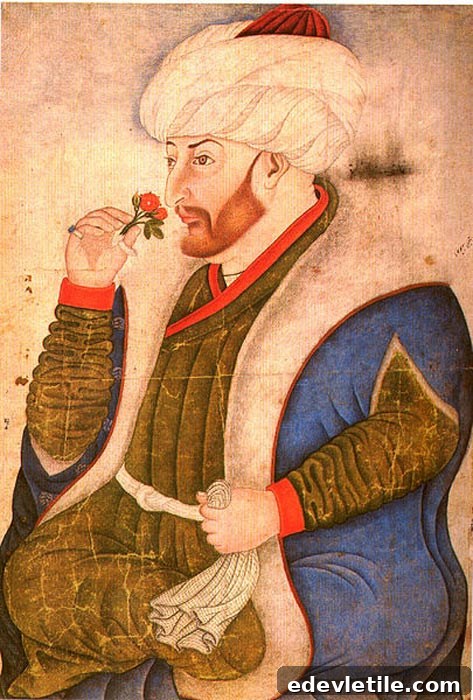 Ottoman miniature painting of Sultan Mehmed II holding a rose, depicted in traditional robes and turban.