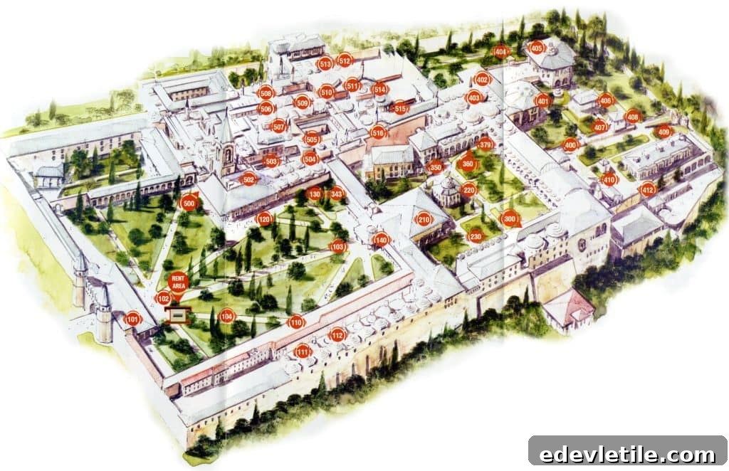 Bird’s-eye view illustrated map of the Topkapi Palace complex layout with numbered sections, gardens, and courtyards.