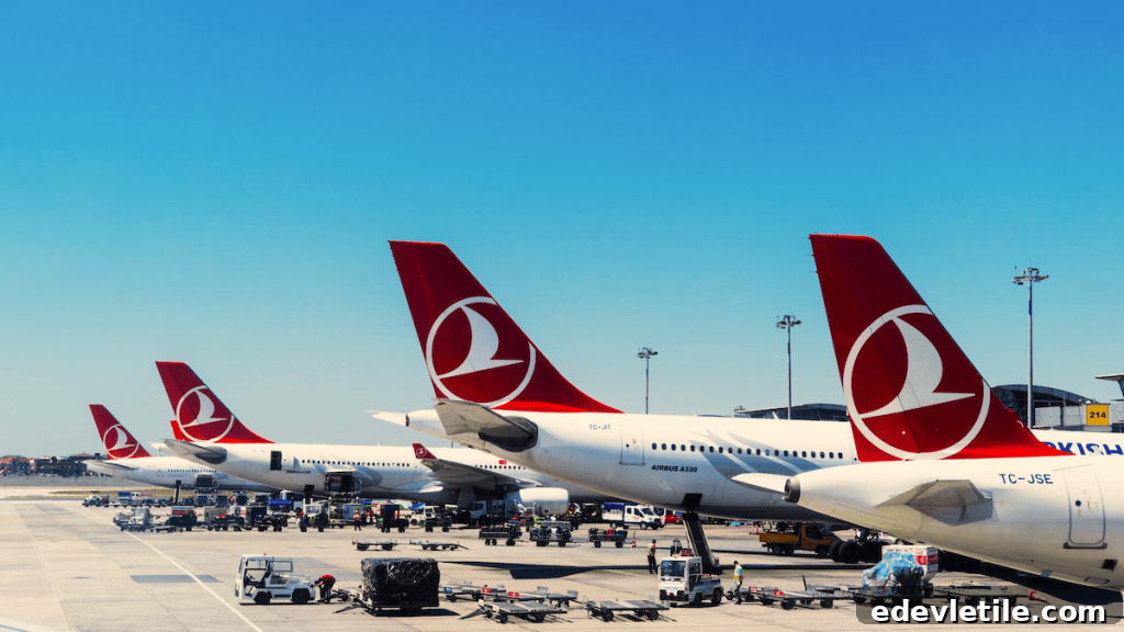 Multiple Turkish Airlines aircraft lined up at the airport gate, their red crescent-and-star tails visible under a clear blue sky.