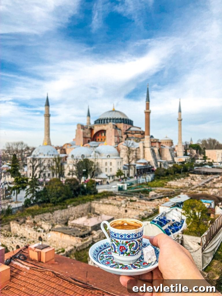 Traditional Turkish coffee cup with the Hagia Sophia in the background