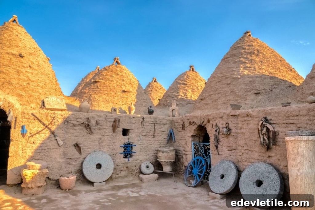 Ancient beehive-style mudbrick houses in Harran, Southeastern Turkey, under a clear blue sky with traditional tools displayed on the walls.