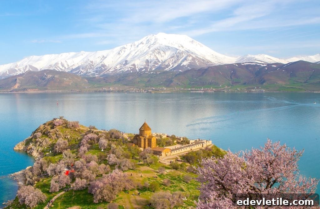 View of Akdamar Island on Lake Van surrounded by almond blossoms, with snowy mountains in the background — a highlight of spring in Eastern Turkey.