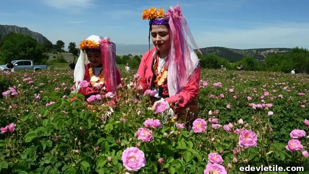 Women dressed in traditional clothing harvesting Damask roses during the spring rose season in Isparta, Turkey’s rose capital.