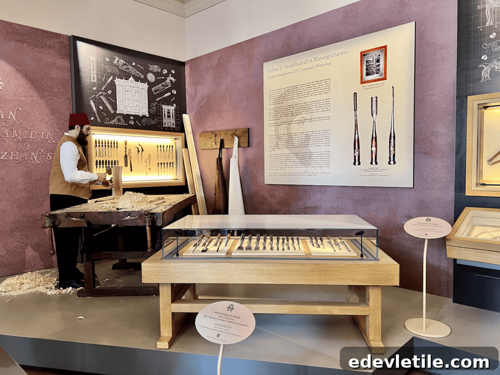Exhibit of Sultan Abdülhamid II’s carpentry workshop. Museum display of Sultan Abdülhamid II’s woodworking tools and a life-sized figure at a workbench, highlighting the Sultan’s personal hobby.