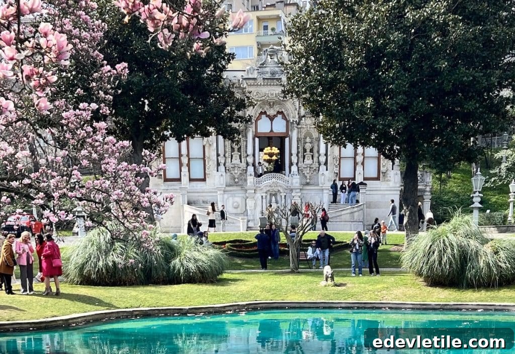 Springtime garden at Ihlamur Palace with blooming pink magnolia trees, reflective turquoise pool, and visitors exploring near the grand white pavilion.