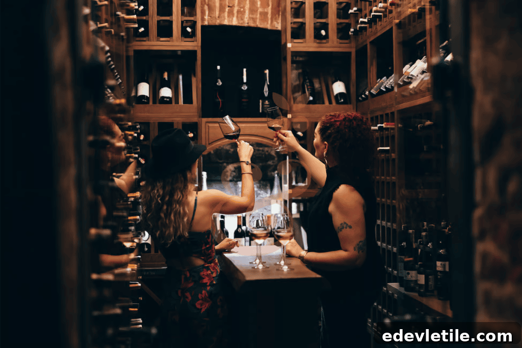 Two women toast glasses of wine in a cozy, dimly lit wine cellar lined with wooden shelves filled with bottles, during a boutique wine tasting tour in Istanbul.