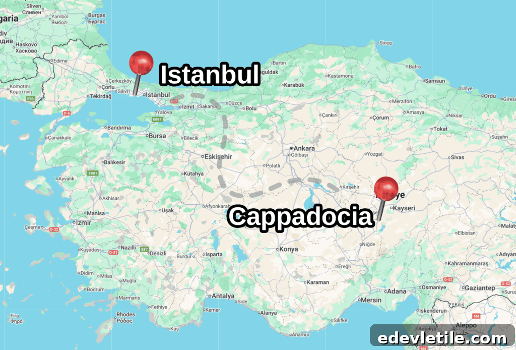 Map of Turkey showing the travel distance between Istanbul in the northwest and Cappadocia in central Turkey, marked with red location pins and bold labels.