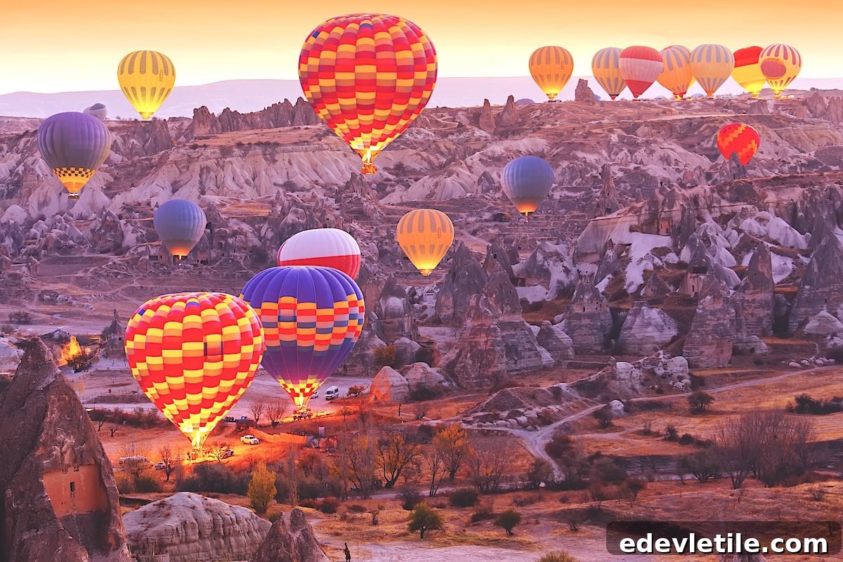 Close-up view of hot air balloons preparing for takeoff at sunrise in Cappadocia, with their colorful patterns glowing against the dramatic landscape of fairy chimneys.