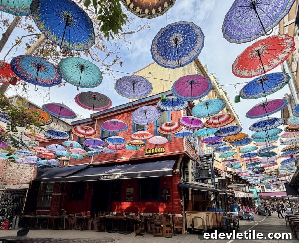 Teal umbrellas near Istiklal