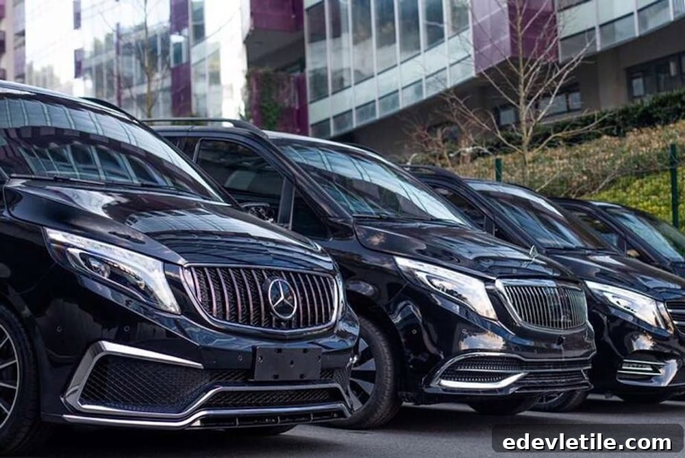 Row of black luxury vans lined up outside a modern building, representing private transfer options from IST Airport to Sultanahmet.