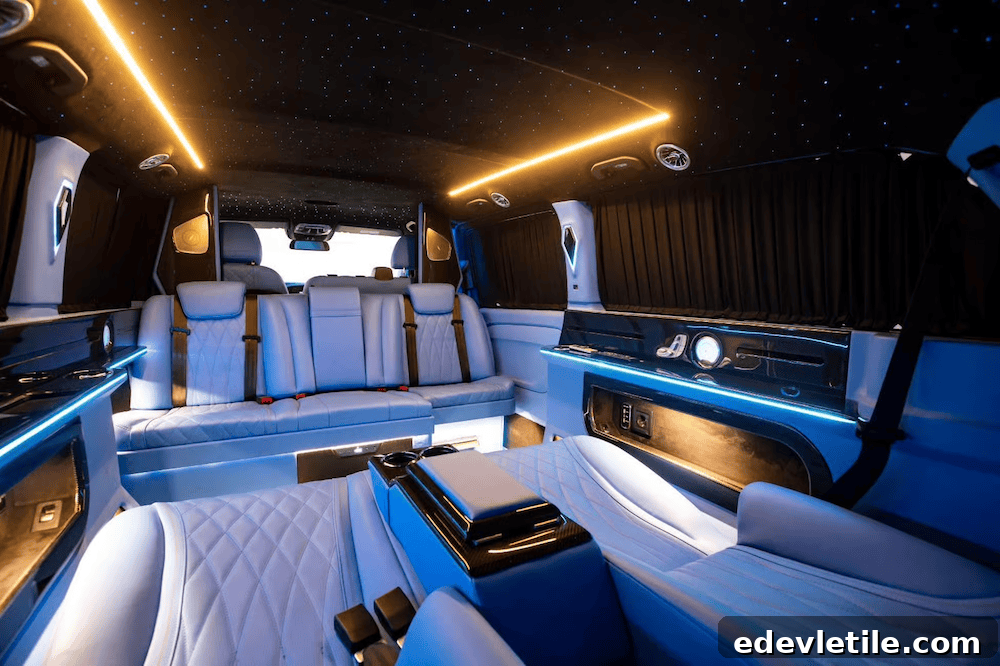 Interior of a luxury private transfer van with white leather seats, ambient ceiling lights, and spacious seating for comfortable travel from Istanbul Airport to Sultanahmet.