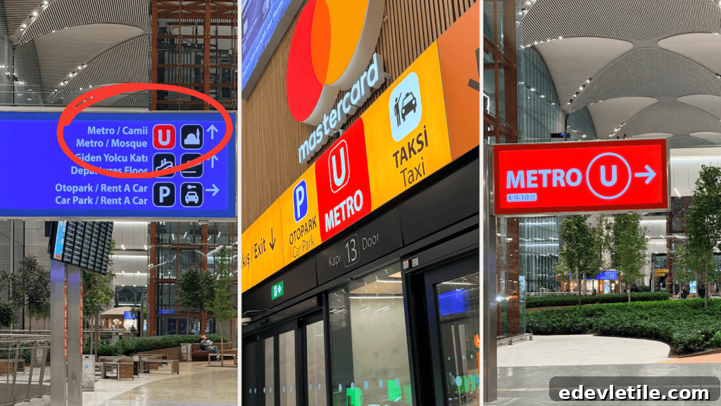 Collage of Istanbul Airport signs pointing to Metro with the red U symbol, helping travelers find the M11 metro from IST Airport.