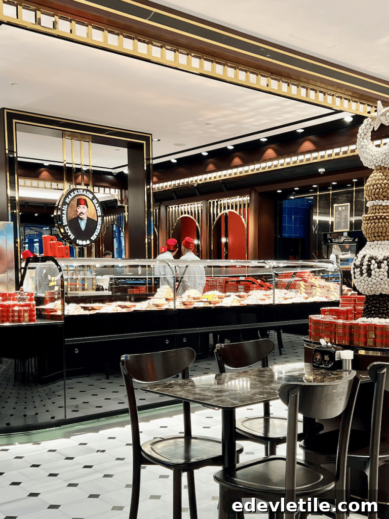 Interior of the Hafız Mustafa dessert shop at Galataport Istanbul, with elegant black and gold decor, rows of sweets behind a glass counter, and staff in red hats (called fez) preparing orders.