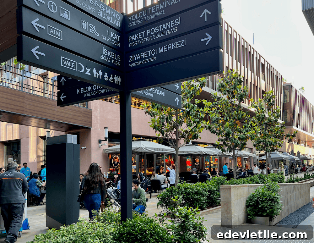 Busy outdoor shopping and dining area at Galataport Istanbul, with people gathered under umbrellas and a large wayfinding sign pointing to cruise terminal, boat pier, visitor center, and other locations. There is a Hafiz Mustafa store in the background with customers. 