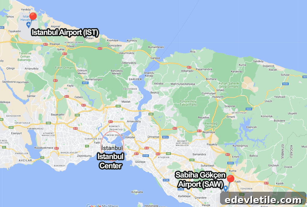 Map of Istanbul showing the locations of Istanbul Airport IST and Sabiha Gökçen Airport SAW in relation to Istanbul city center to help plan a layover in Istanbul.