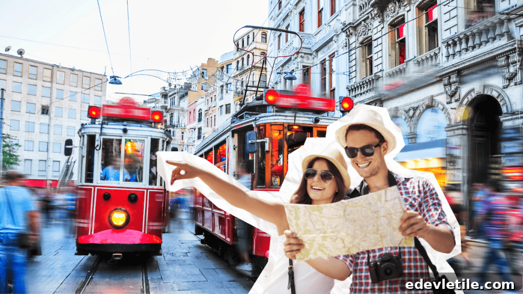 Couple holding a map and pointing down a busy street as a red historic tram passes through central Istanbul. Visiting Istiklal Street is one of the most popular things to do in Istanbul on a layover.