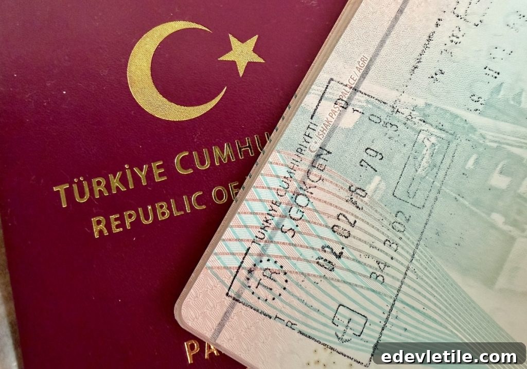 Turkish passport page with an entry stamp placed over a red passport