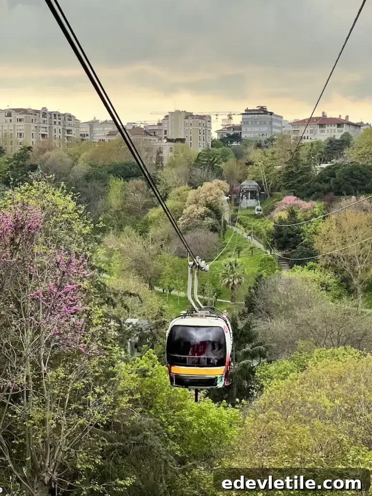 Cable car gliding over lush green hills with city buildings in the distance near  Macka Park in Besiktas, showing one of the area’s scenic viewpoints.
