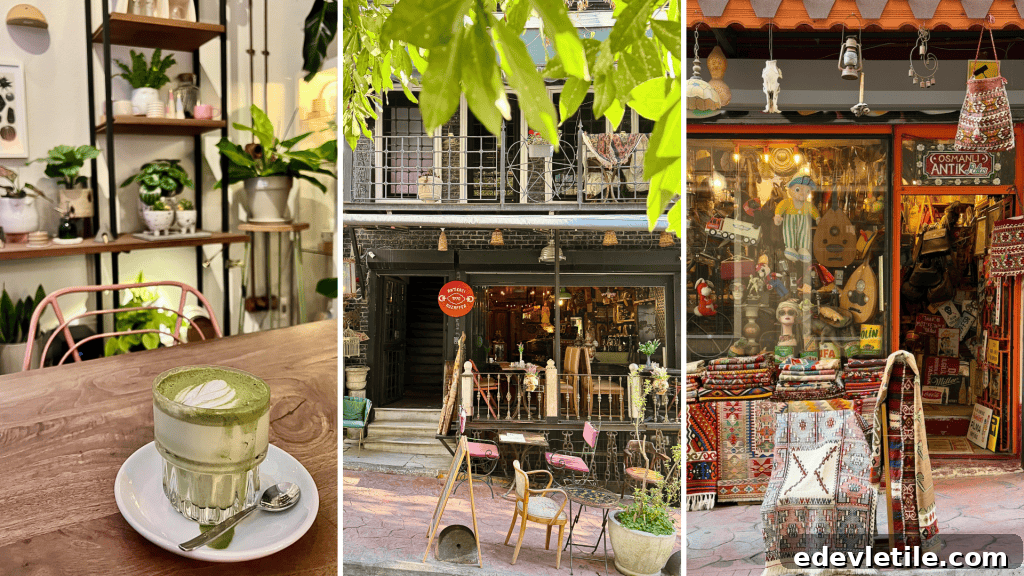 A collage of various scenes in Cihangir, including a cafe, vintage store, and outdoor area