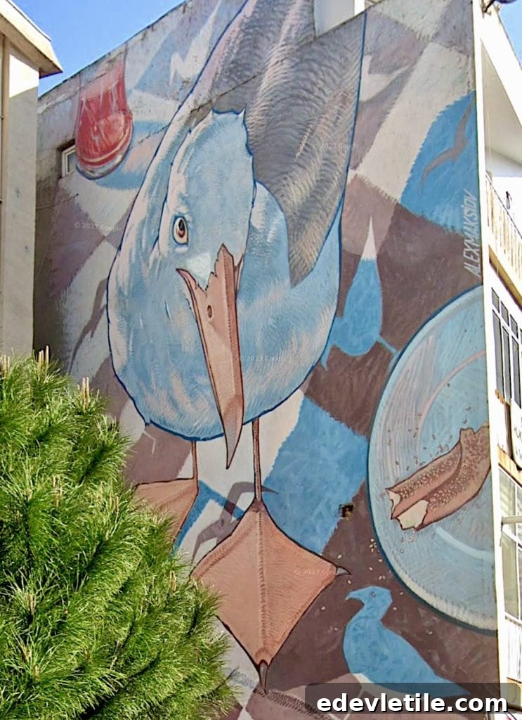 Giant blue seagull street art painted on a residential building in an artsy non touristy Istanbul neighborhood.