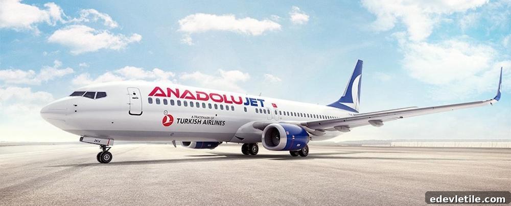 AnadoluJet airplane parked on a runway, a budget airline operated by Turkish Airlines with blue and white livery.