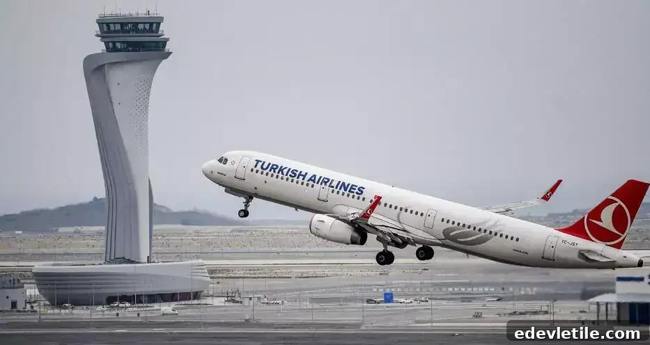 Turkish Airlines jet lifting off from the runway with the iconic air traffic control tower of Istanbul Airport in view.